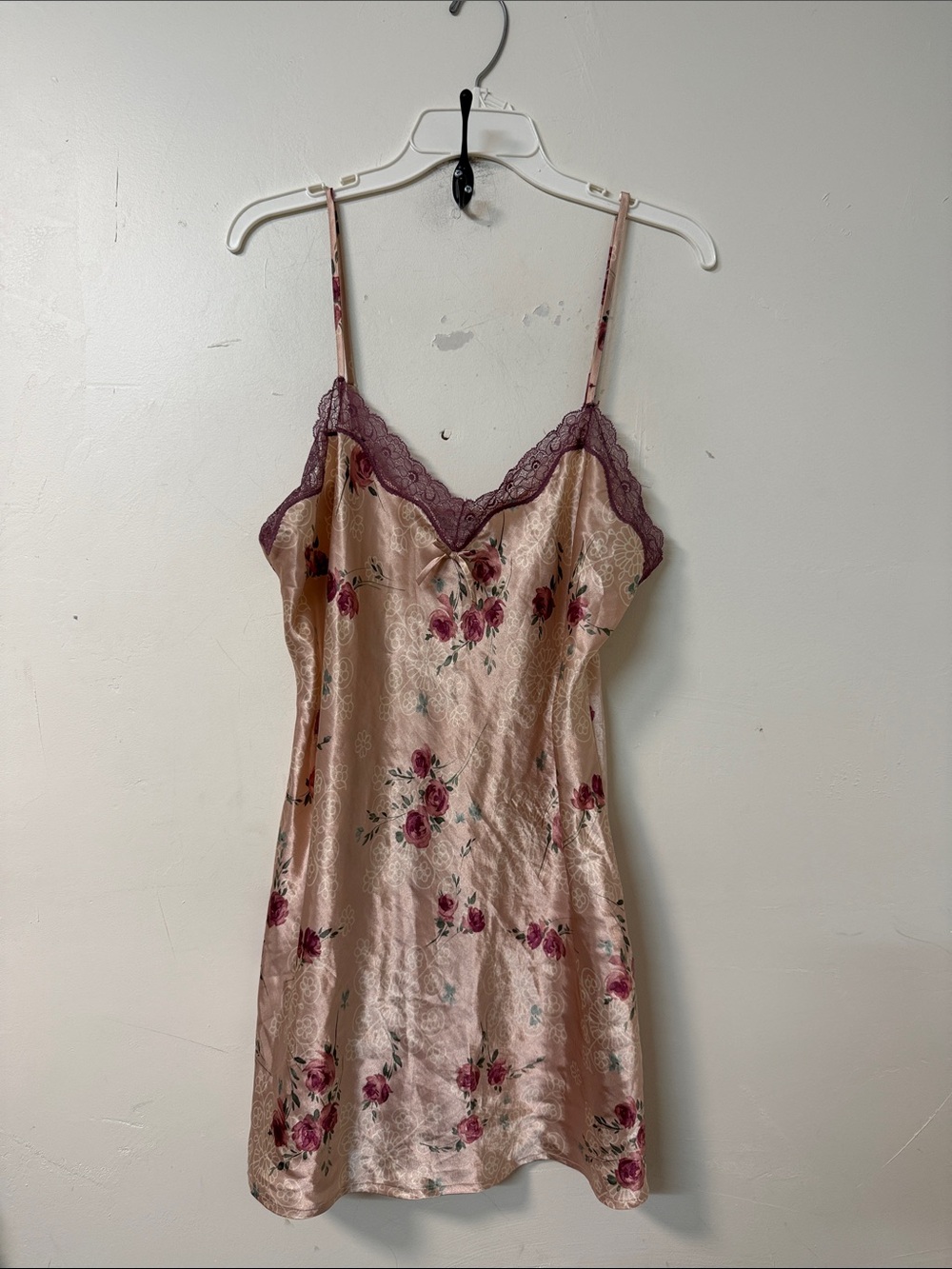 Morgan Taylor Blush Satin Floral Slip with Mauve Lace Trim